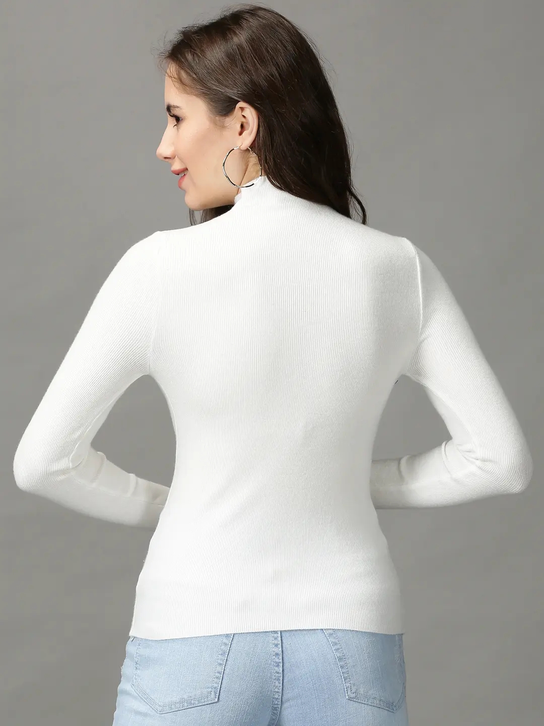 SHOWOFF Women's High Neck Fitted Embellished White Regular Top