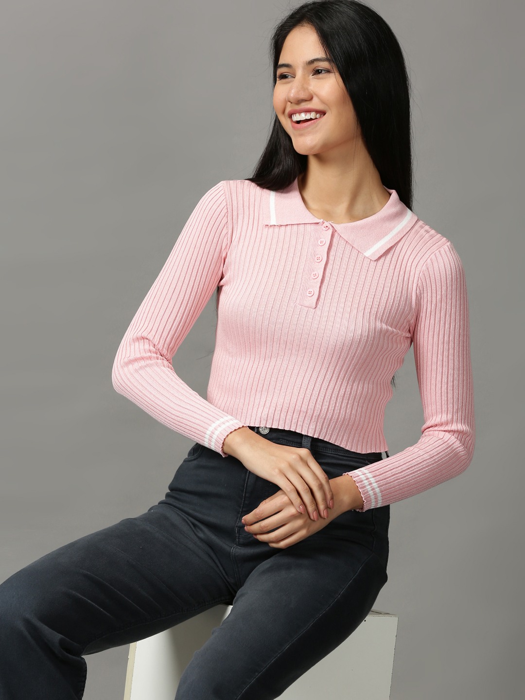 Women's Pink Acrylic Solid Tops