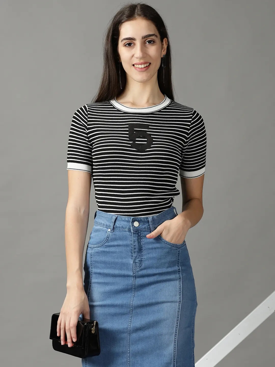 SHOWOFF Women Black Striped Round Neck Short Sleeves Regular Fitted Top
