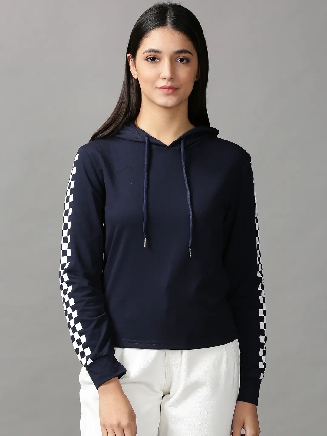 SHOWOFF Women Navy Blue Solid Hooded Full Sleeves Pullover Sweatshirt