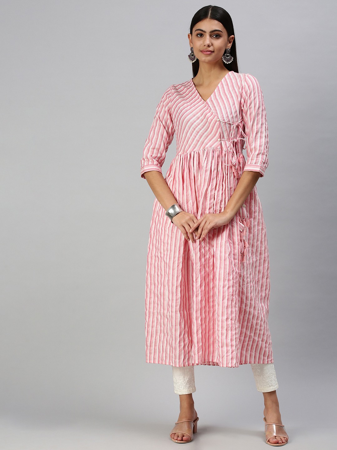 SHOWOFF Women's Casual  V-Neck Pink Anarkali Kurta