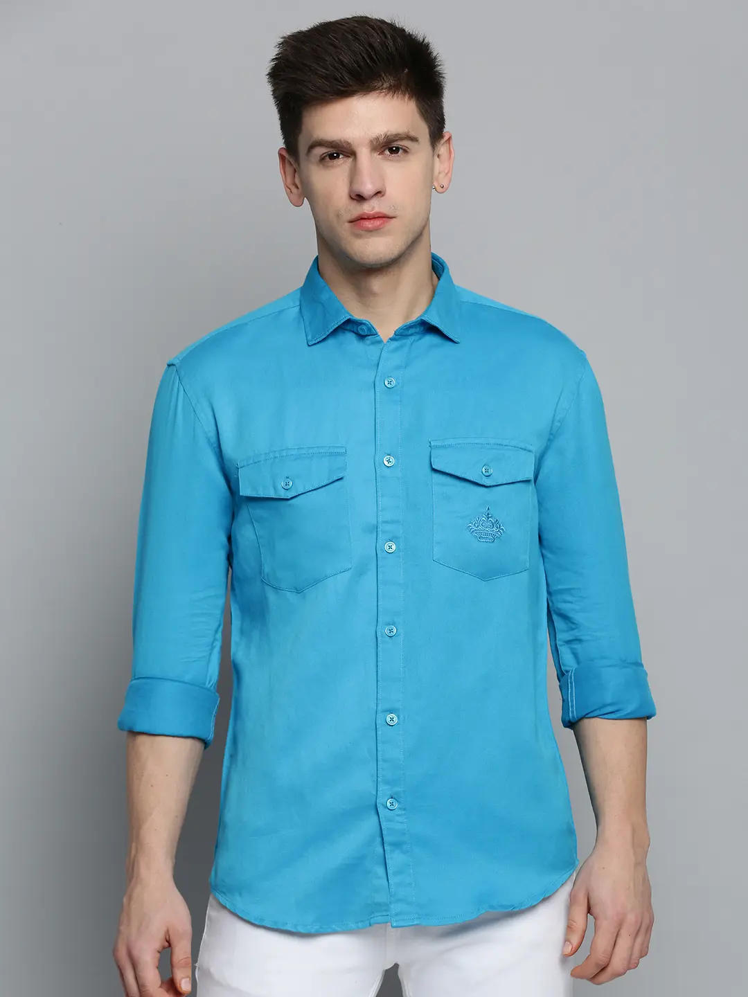 SHOWOFF Men's Spread Collar Blue Solid Shirt
