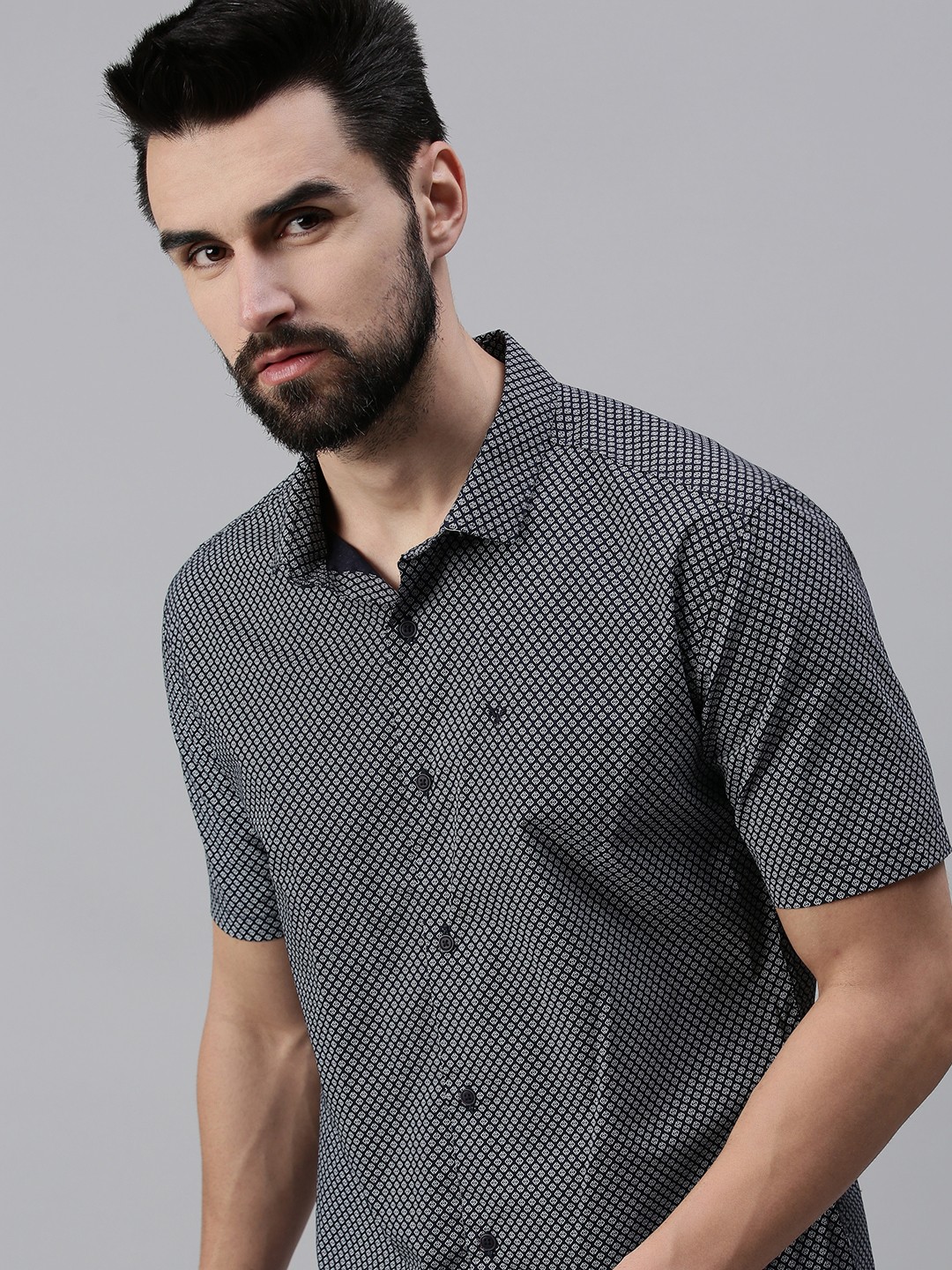 SHOWOFF Men's Casual Slim Collar Navy Blue Printed Shirt