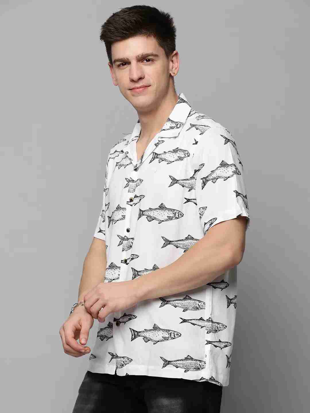 SHOWOFF Men's Cuban Collar White Printed Shirt