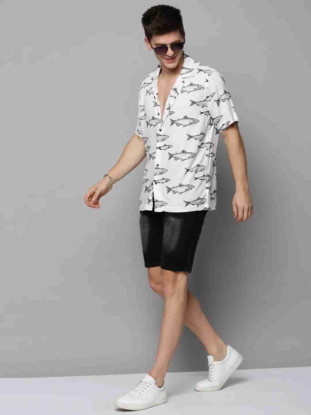 SHOWOFF Men's Cuban Collar White Printed Shirt
