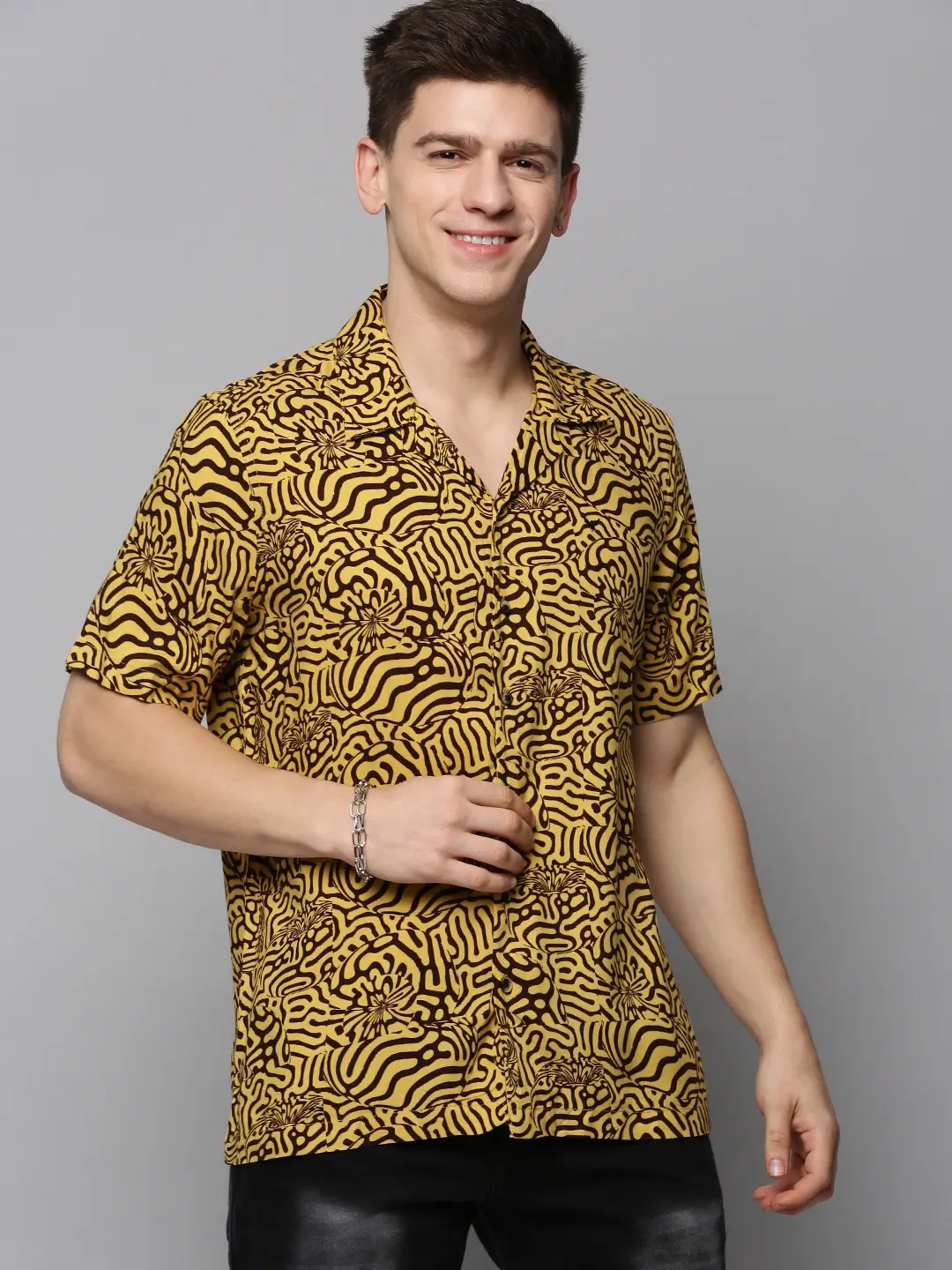SHOWOFF Men's Cuban Collar Yellow Printed Shirt