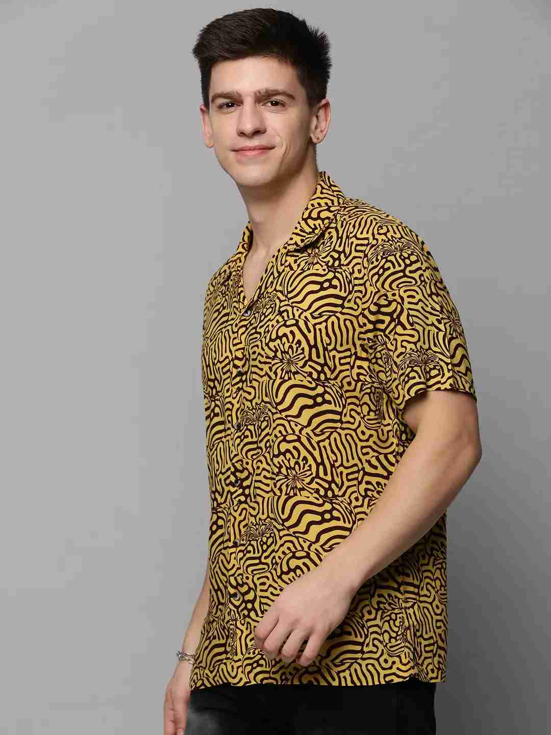 SHOWOFF Men's Cuban Collar Yellow Printed Shirt