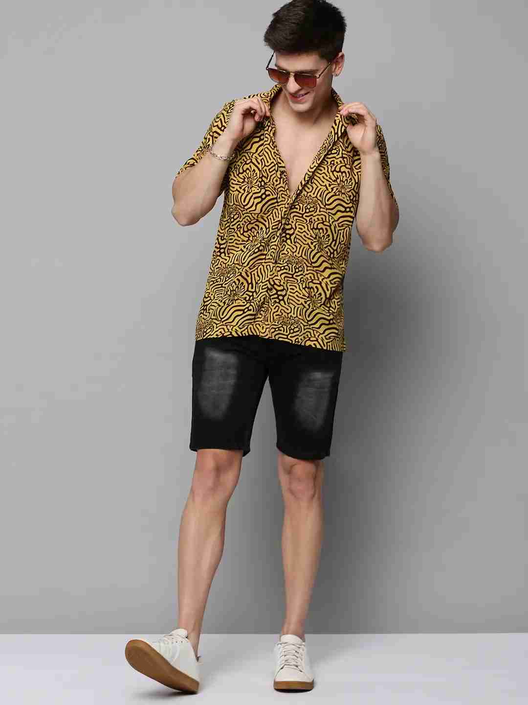 SHOWOFF Men's Cuban Collar Yellow Printed Shirt