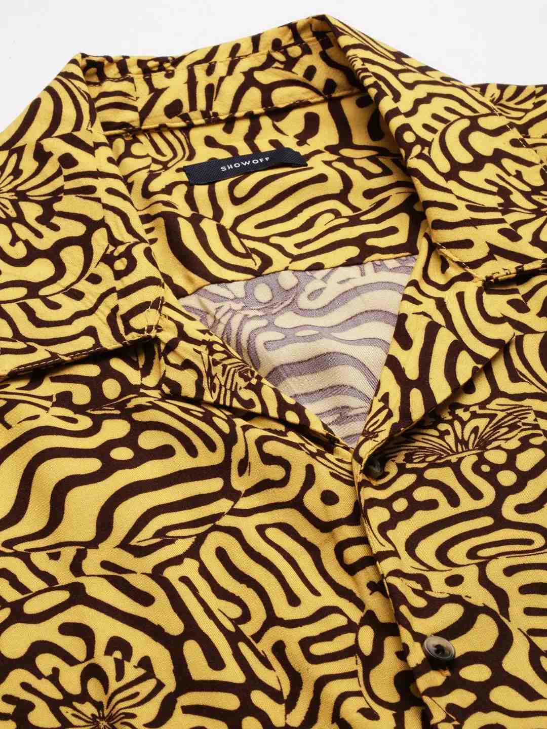 SHOWOFF Men's Cuban Collar Yellow Printed Shirt