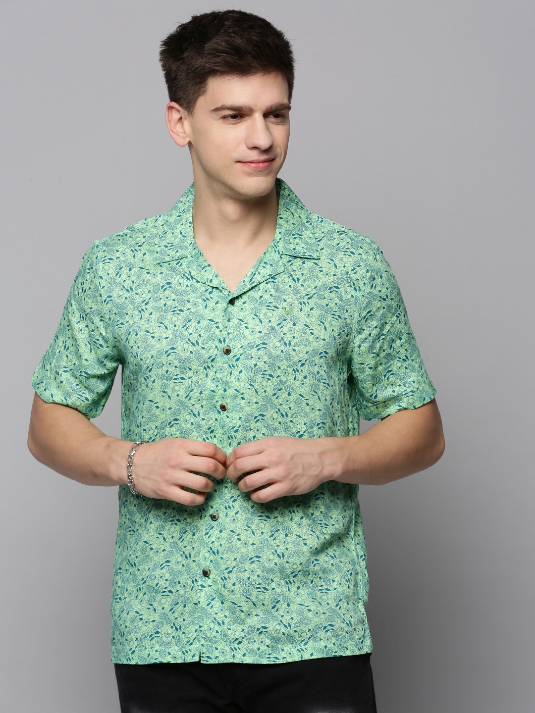 SHOWOFF Men's Cuban Collar Green Printed Shirt