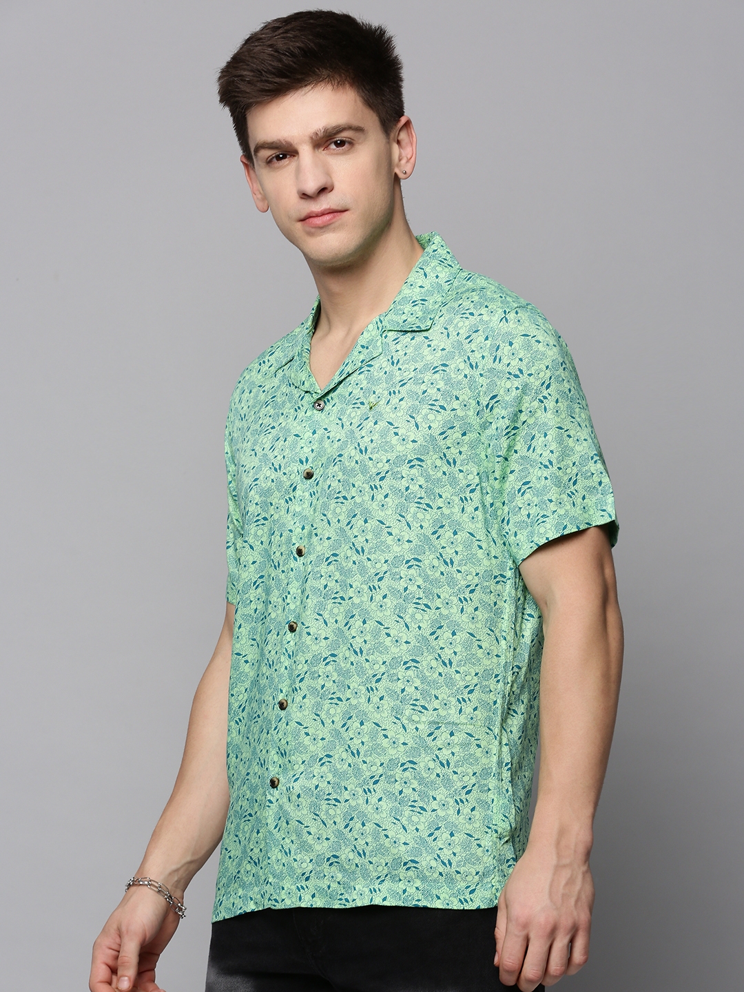 SHOWOFF Men's Cuban Collar Green Printed Shirt