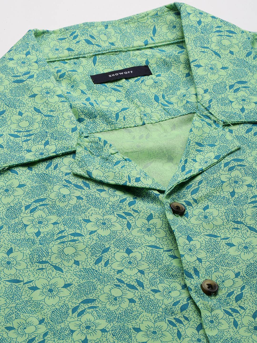 SHOWOFF Men's Cuban Collar Green Printed Shirt