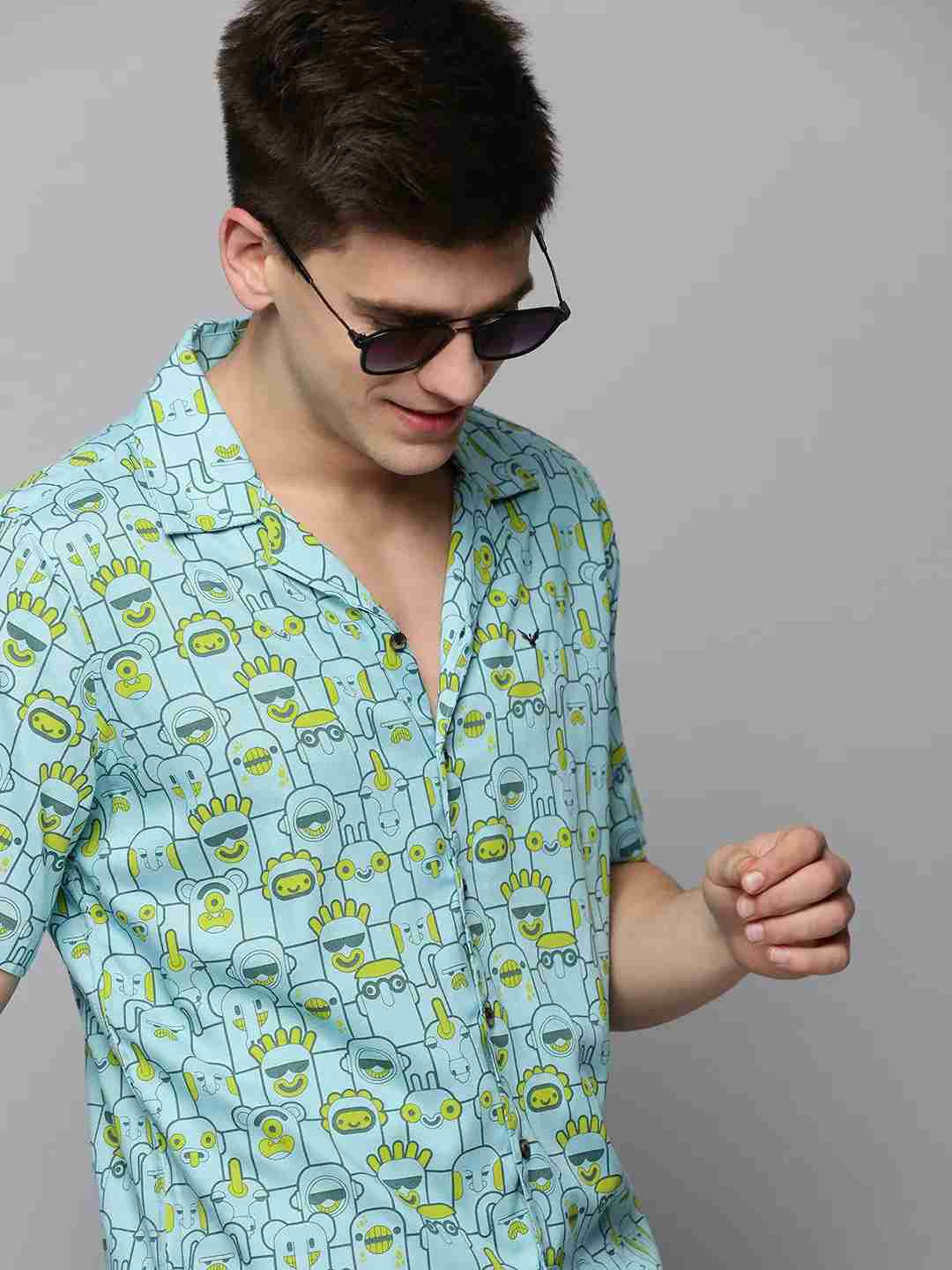 SHOWOFF Men's Cuban Collar Blue Printed Shirt