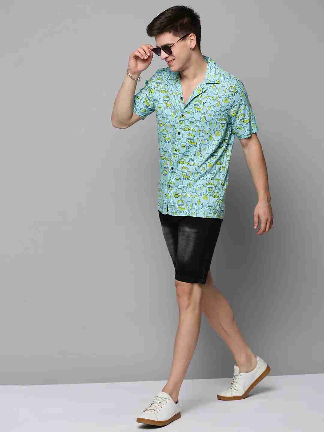 SHOWOFF Men's Cuban Collar Blue Printed Shirt