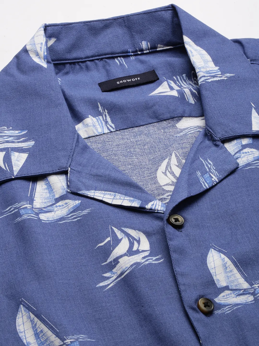 SHOWOFF Men's Cuban Collar Blue Printed Shirt