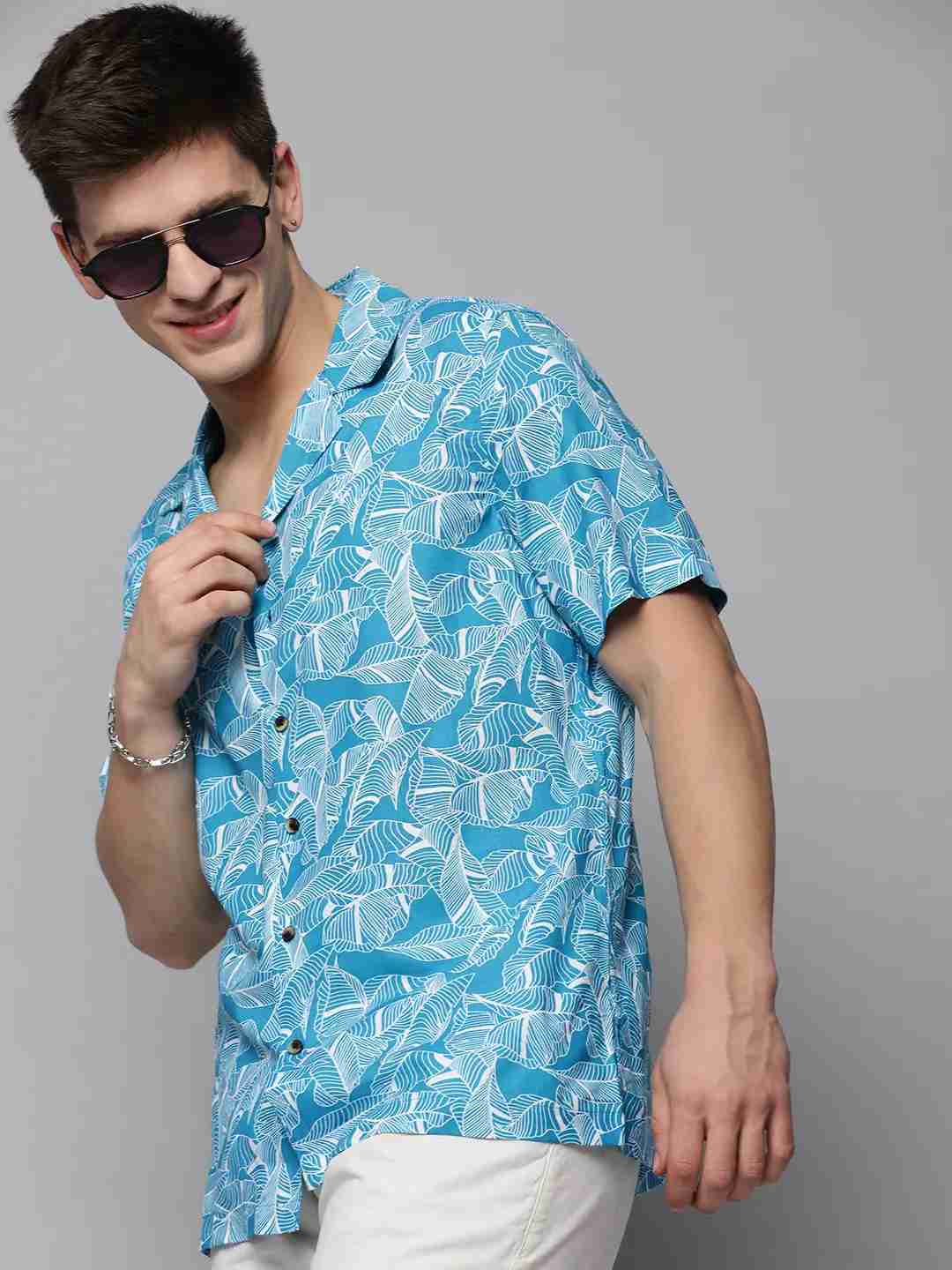 SHOWOFF Men's Cuban Collar Blue Printed Shirt