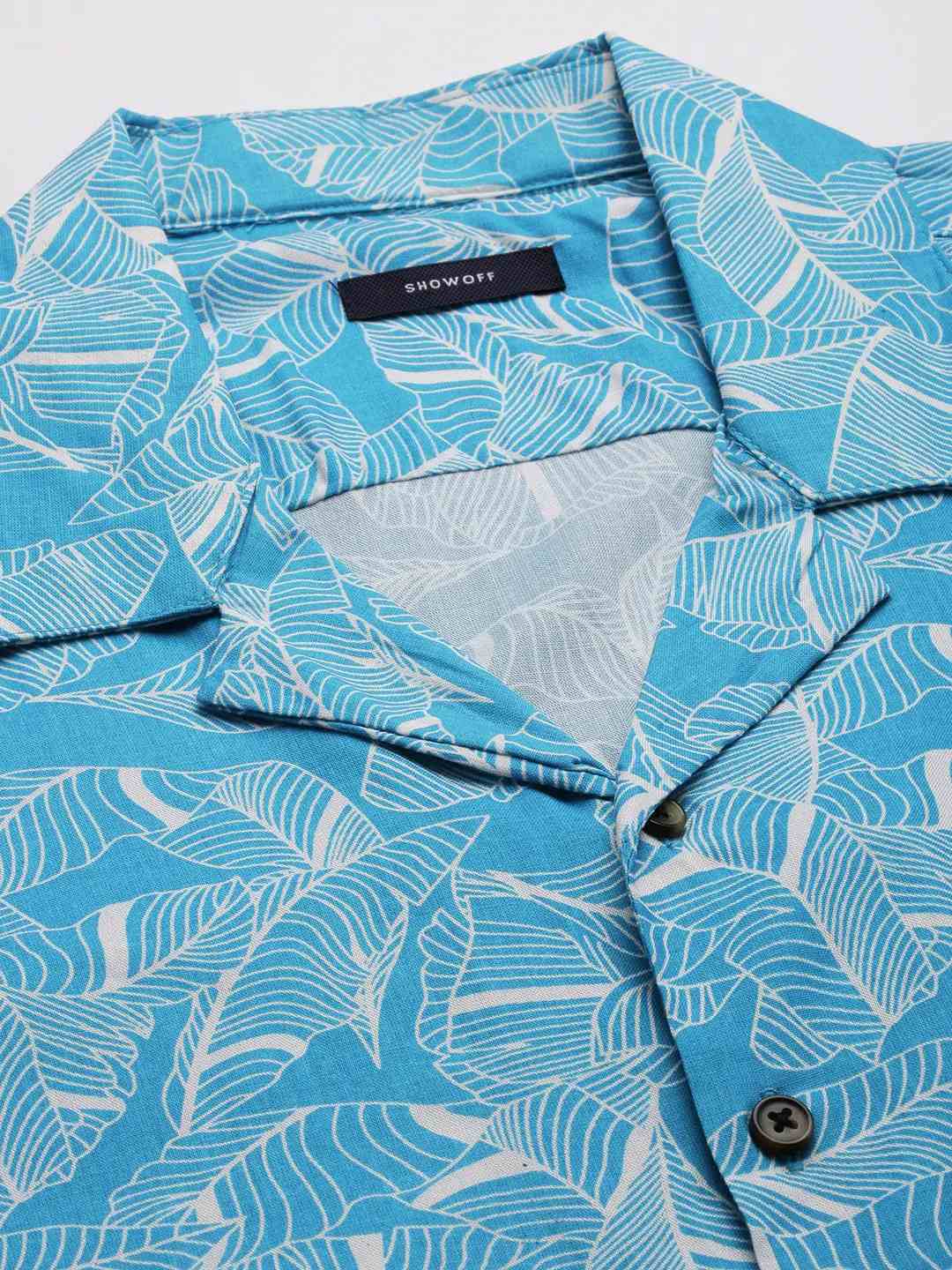 SHOWOFF Men's Cuban Collar Blue Printed Shirt