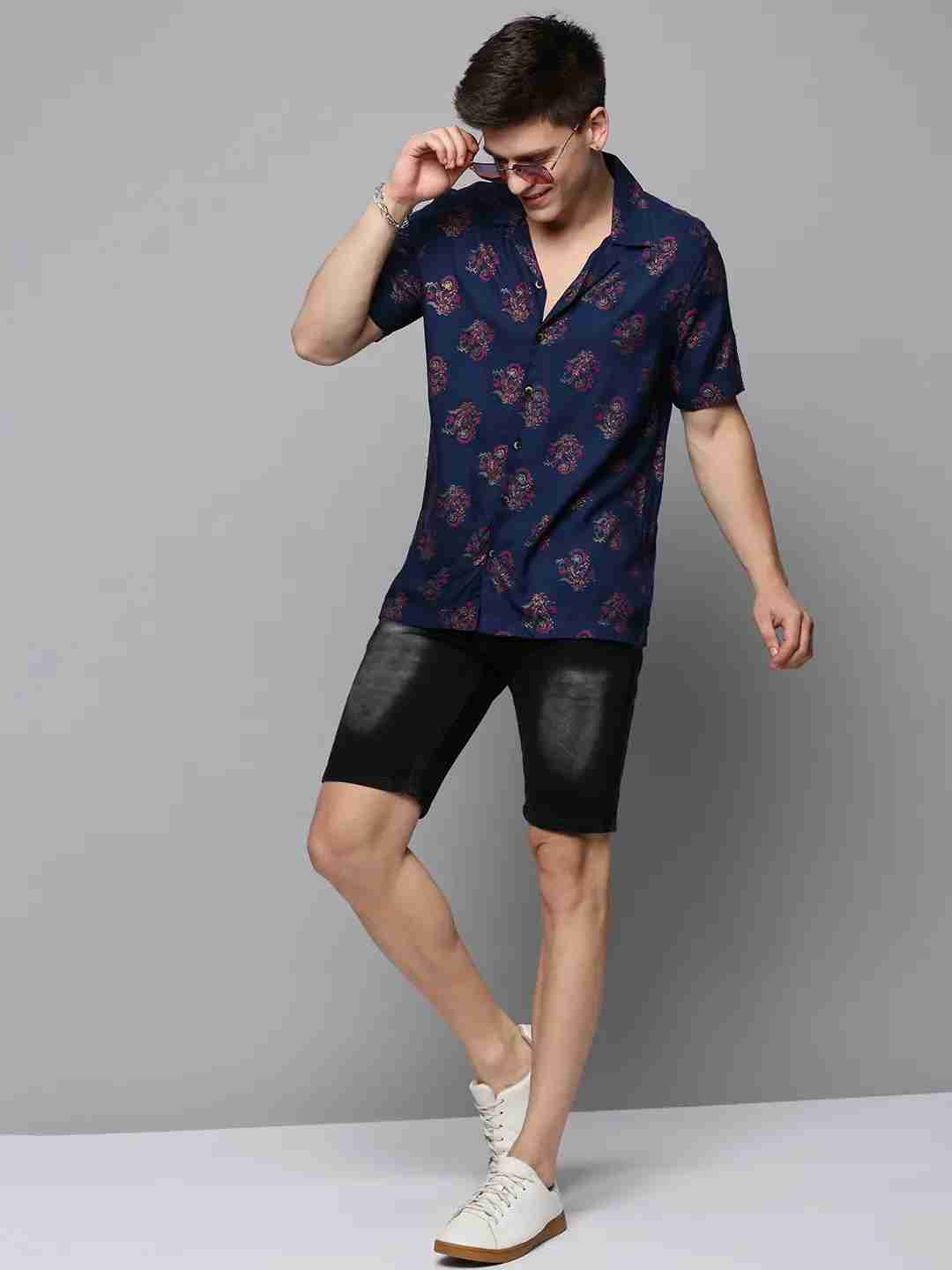 SHOWOFF Men's Cuban Collar Navy Blue Printed Shirt