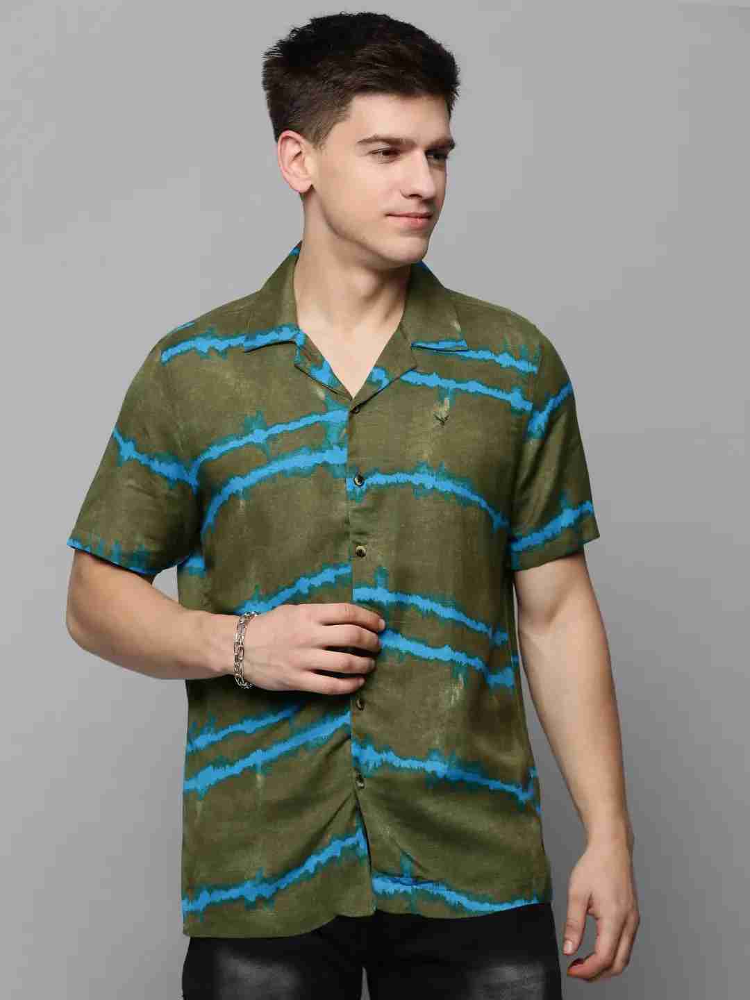 SHOWOFF Men's Cuban Collar Olive Printed Shirt