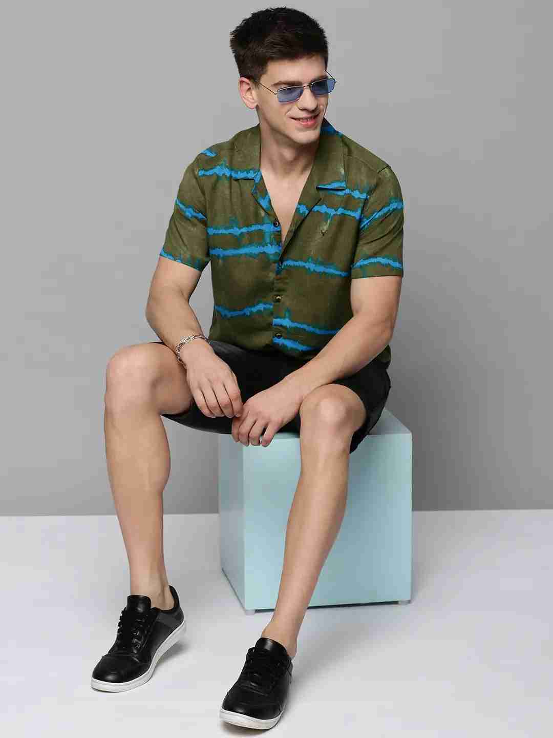 SHOWOFF Men's Cuban Collar Olive Printed Shirt