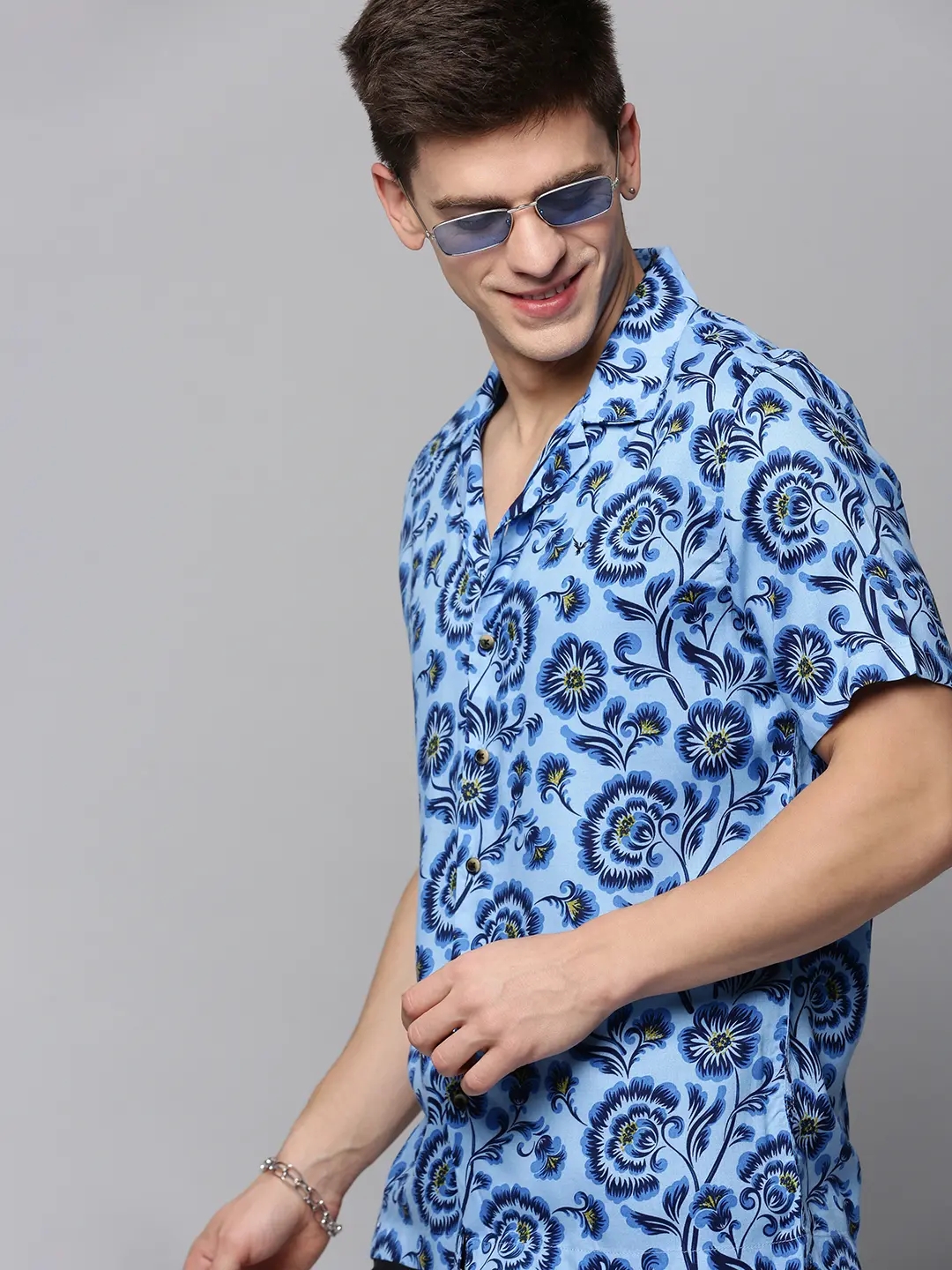 SHOWOFF Men's Cuban Collar Blue Printed Shirt