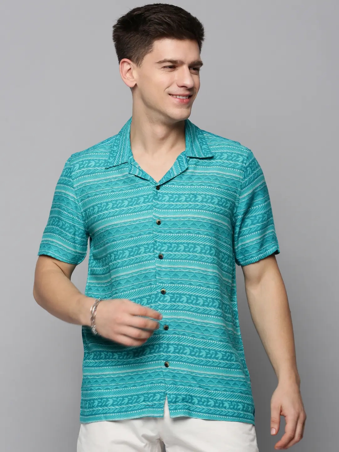 SHOWOFF Men's Cuban Collar Turquoise Blue Printed Shirt