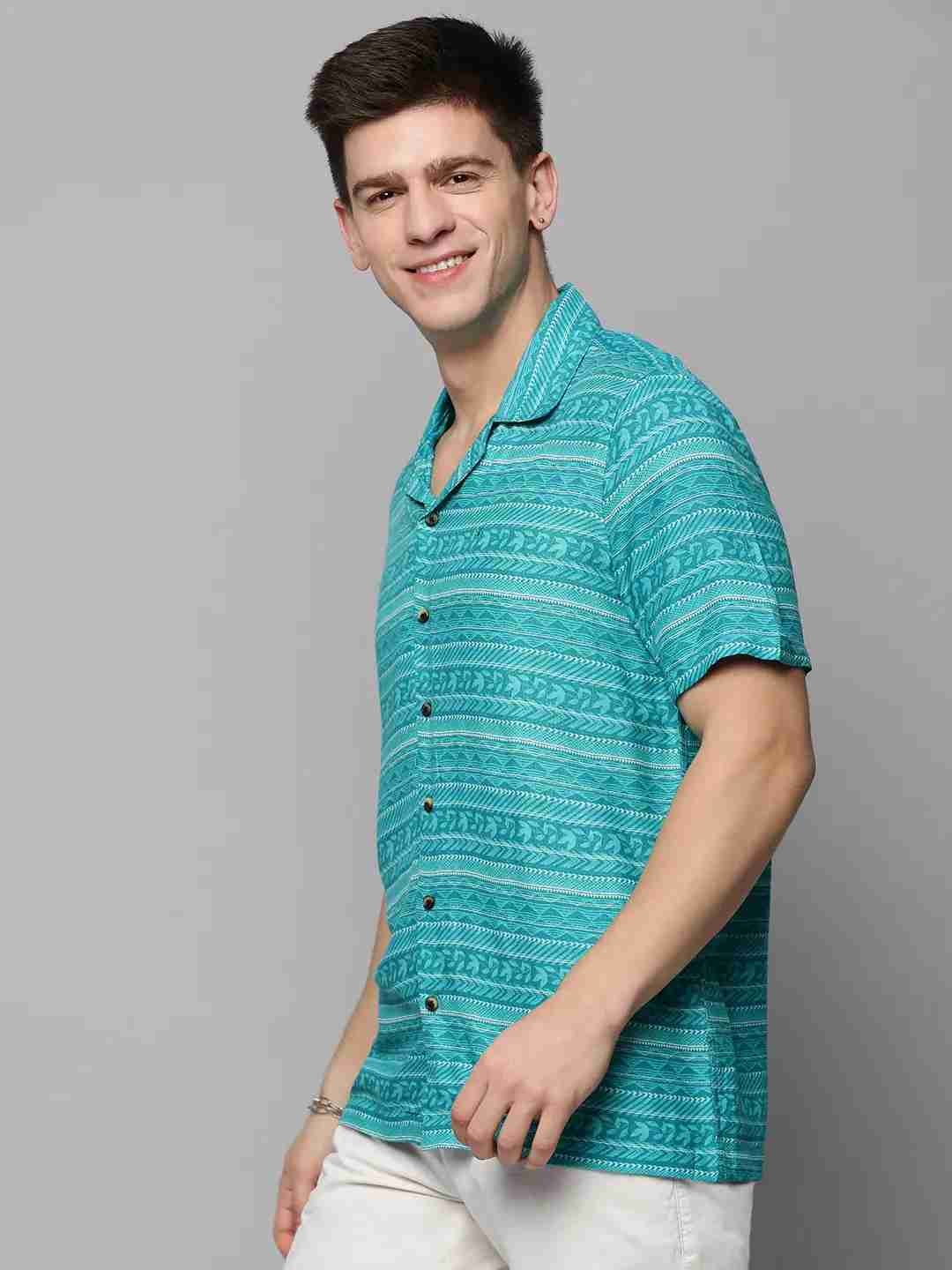 SHOWOFF Men's Cuban Collar Turquoise Blue Printed Shirt