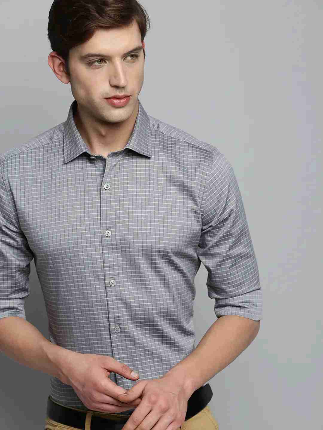 SHOWOFF Men's Spread Collar Checked Grey Classic Shirt