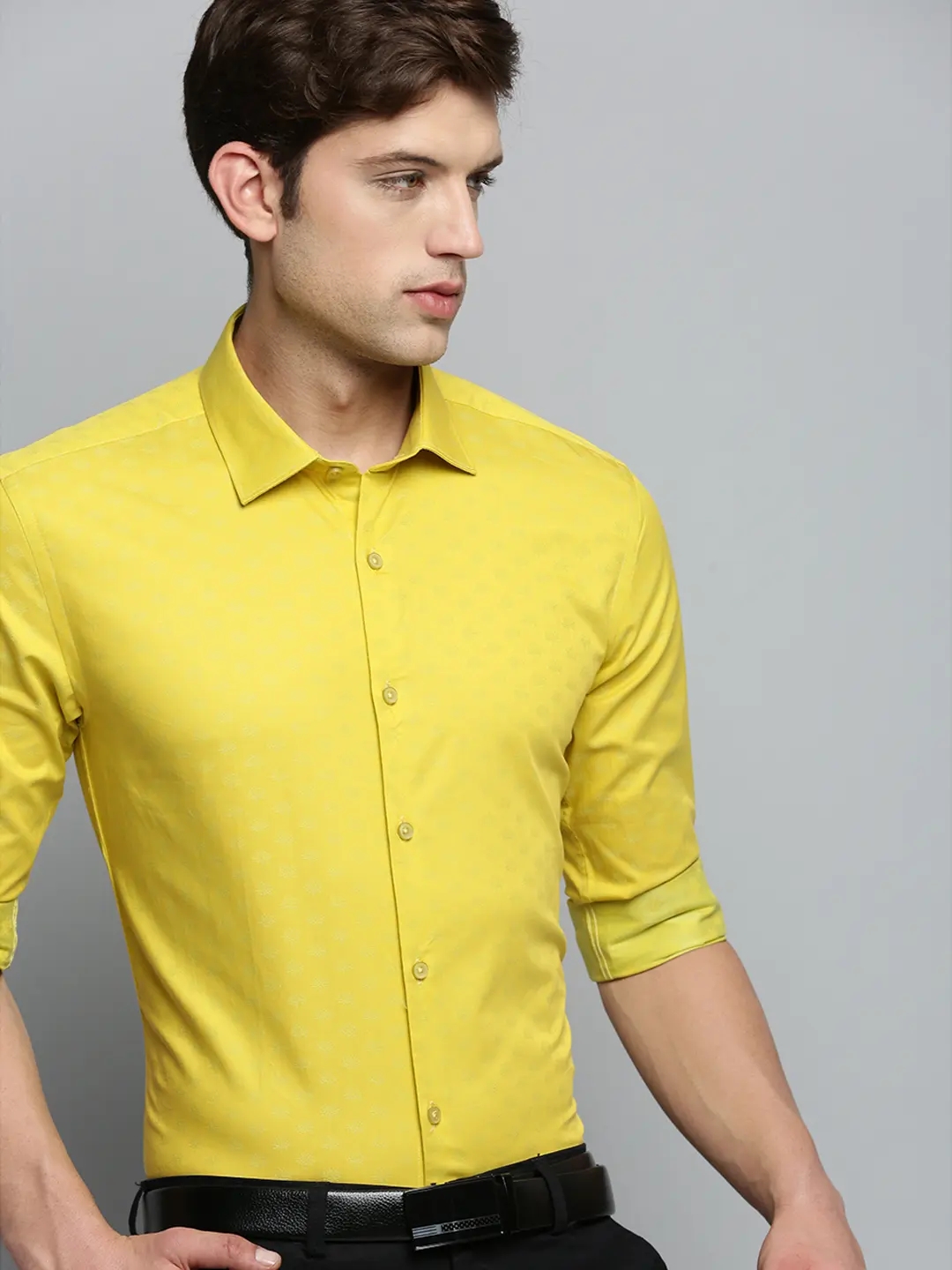 SHOWOFF Men's Spread Collar Self Design Yellow Classic Shirt