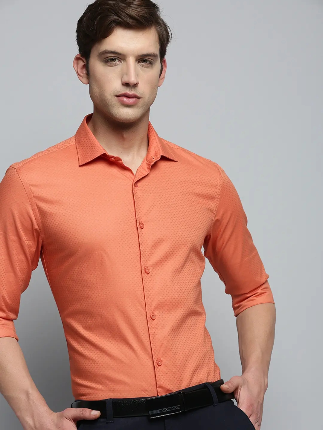 SHOWOFF Men's Spread Collar Self Design Orange Classic Shirt