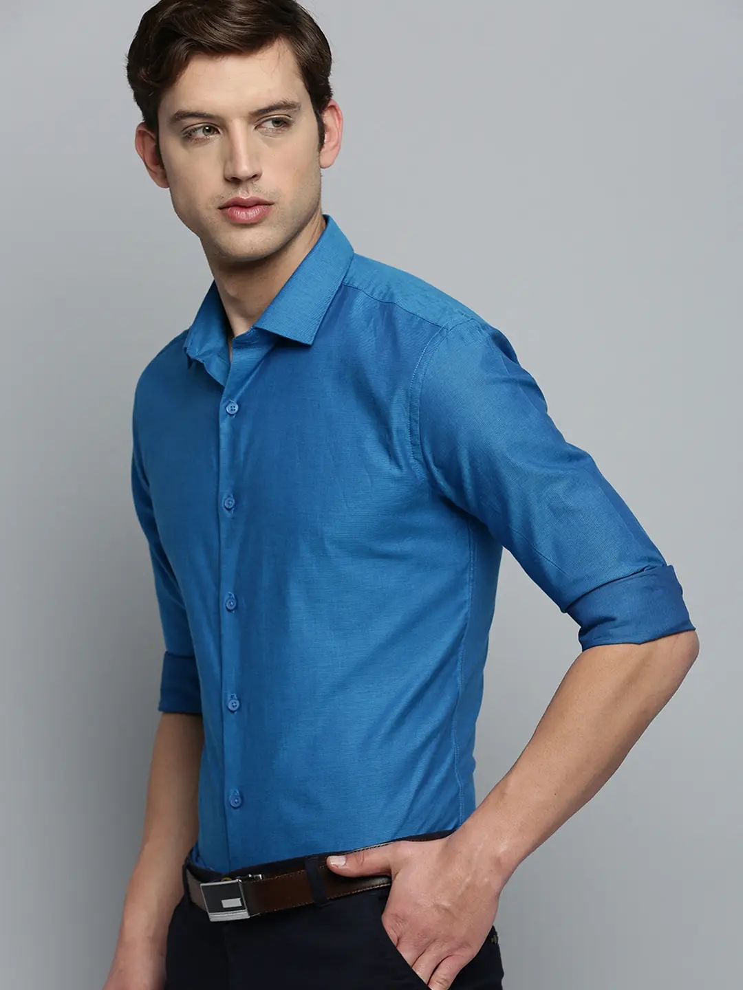SHOWOFF Men's Spread Collar Self Design Blue Classic Shirt