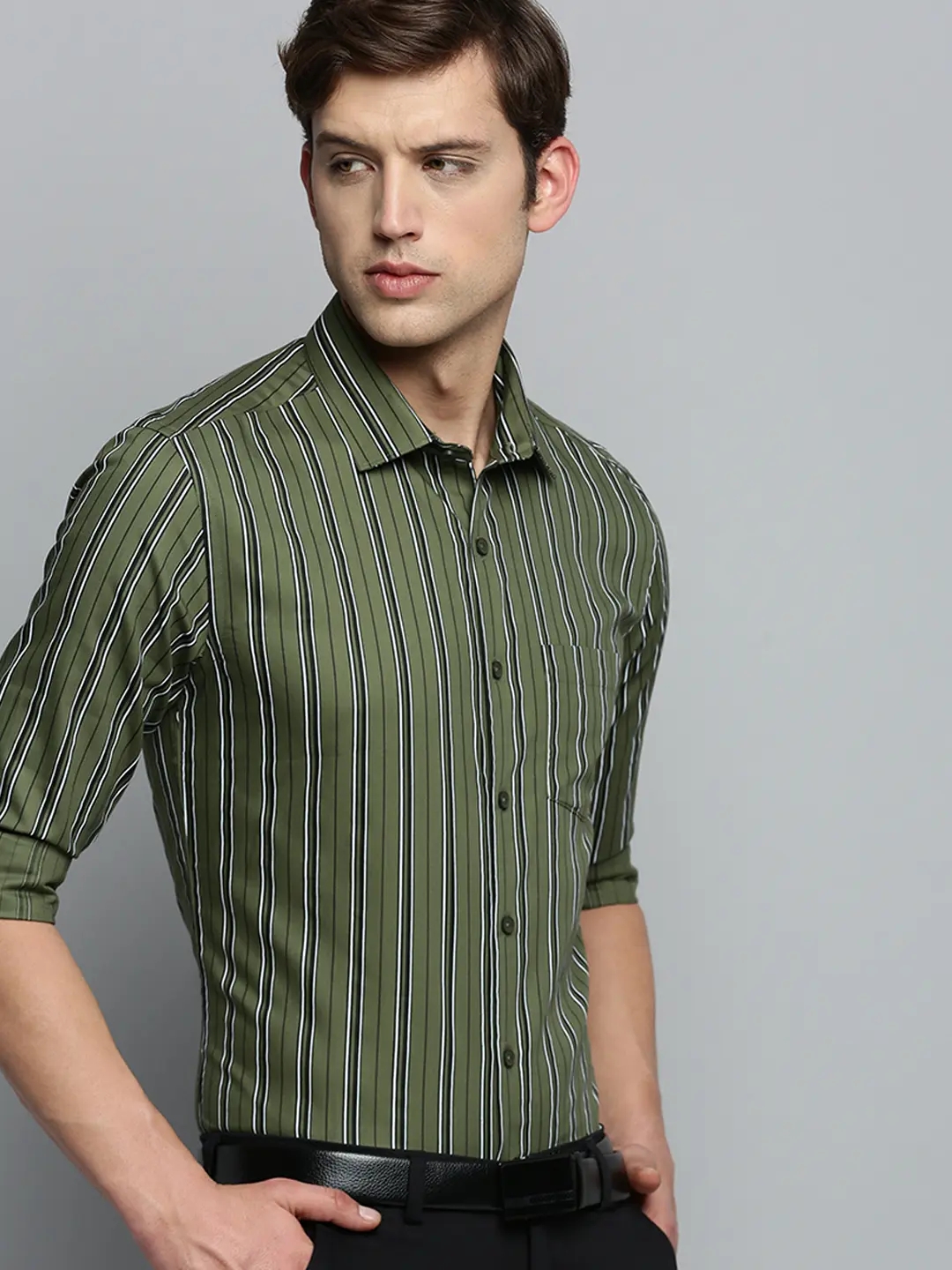 SHOWOFF Men's Spread Collar Striped Olive Smart Shirt
