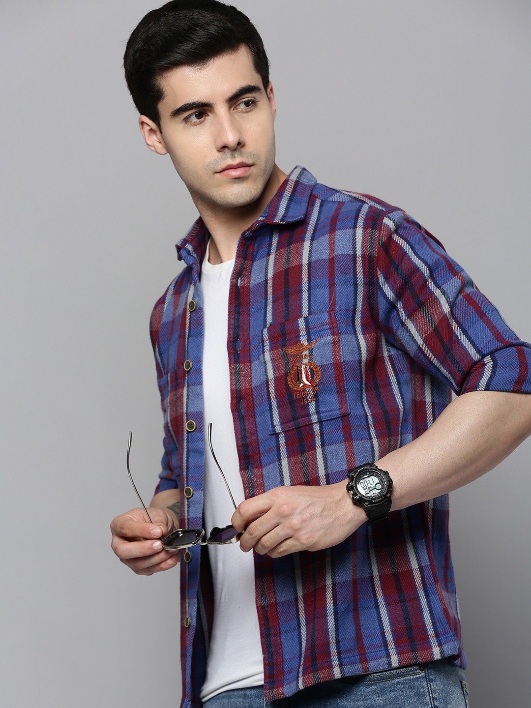 SHOWOFF Men's Spread Collar Blue Checked Open Front Shacket