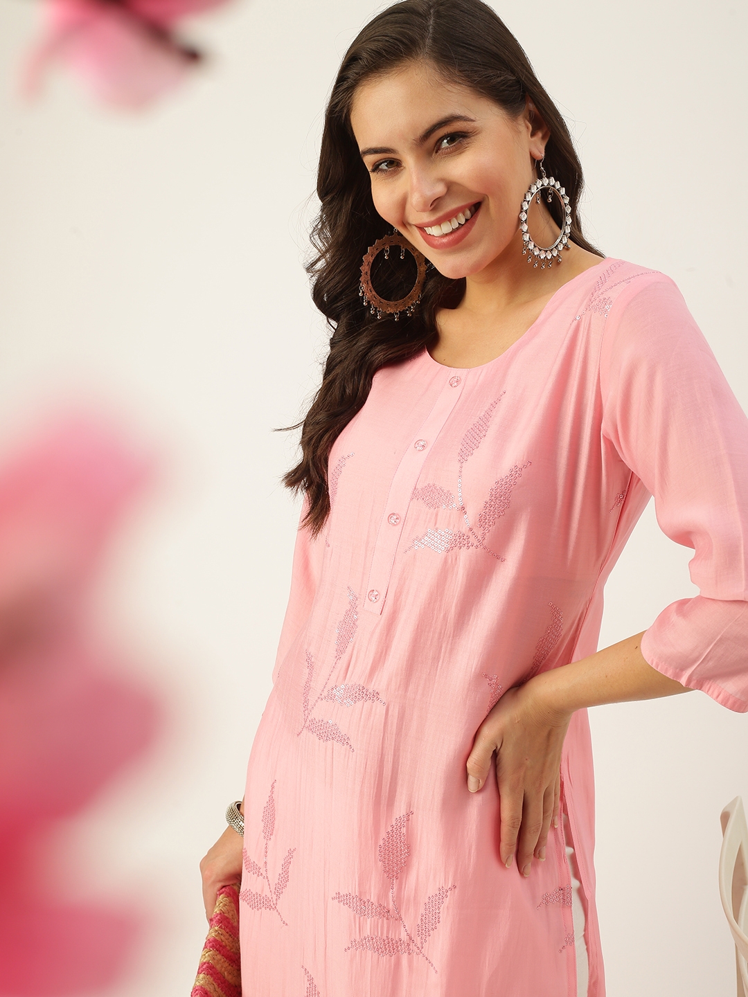 Women's Pink Cotton Embroidered Comfort Fit Kurtas