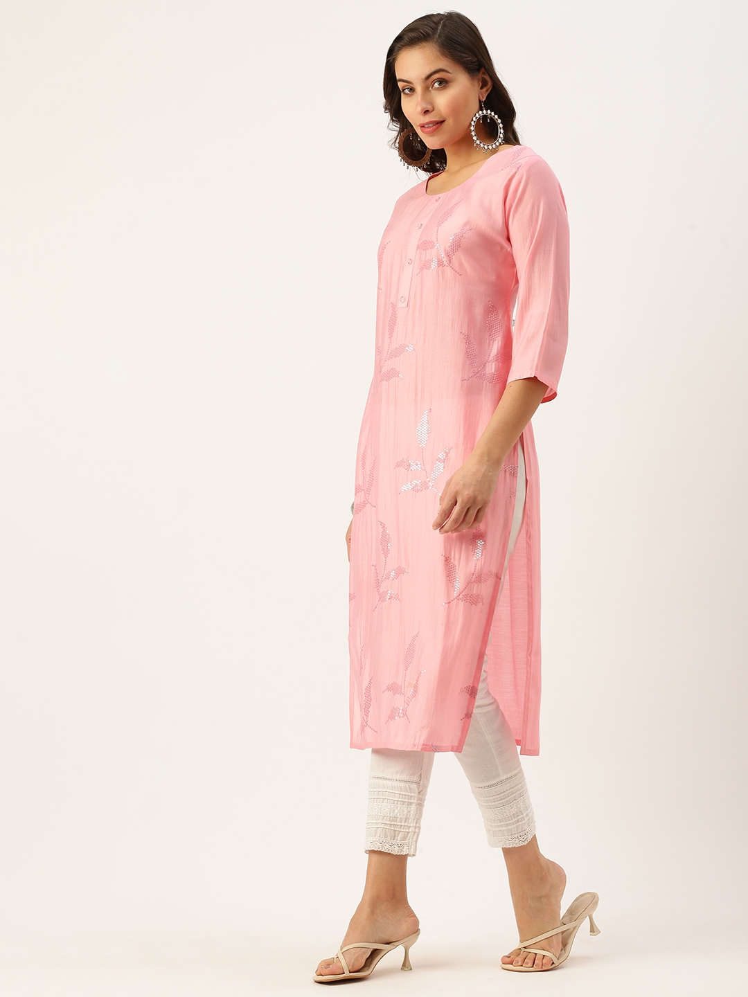 Women's Pink Cotton Embroidered Comfort Fit Kurtas