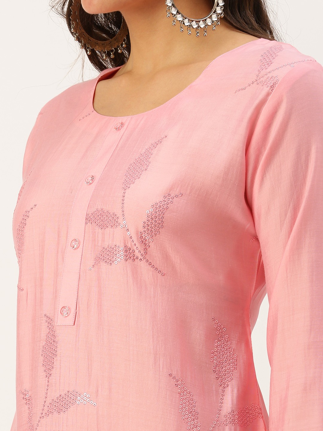 Women's Pink Cotton Embroidered Comfort Fit Kurtas
