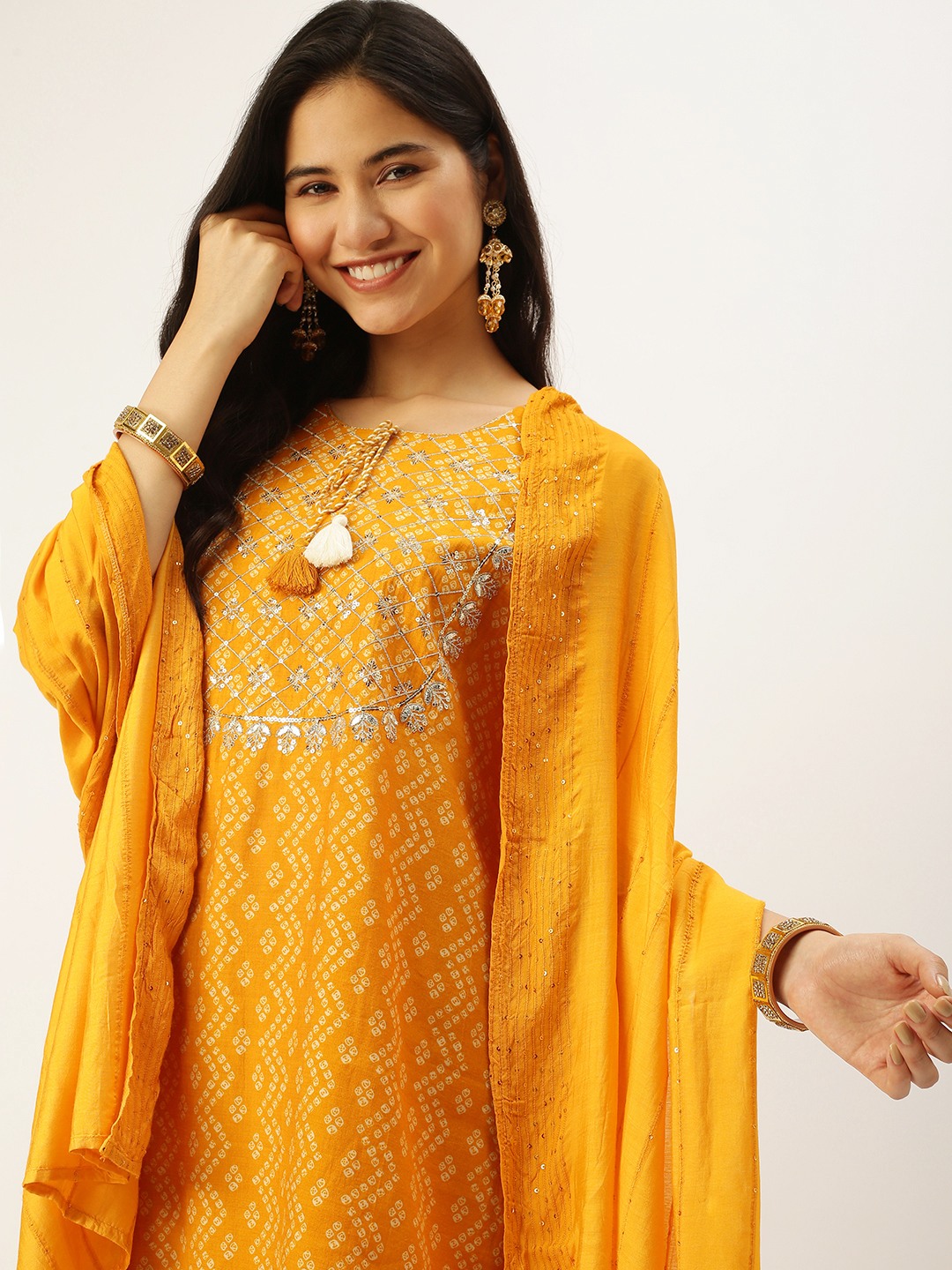 SHOWOFF Women's Straight Mustard Bandhani Tie-Up Neck Kurta Sets