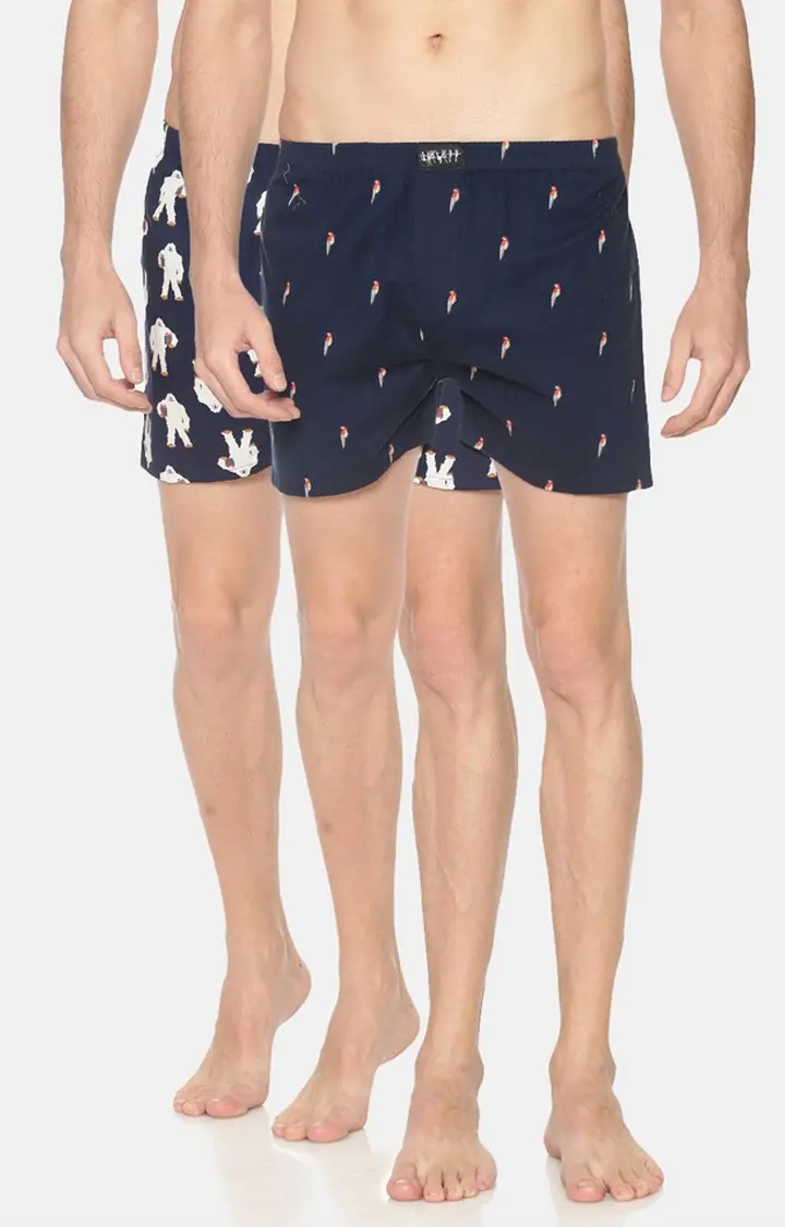 Showoff Men's Navy and White Cotton Casual Printed Boxer - Pack Of 2