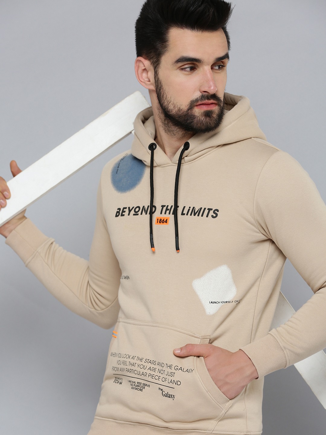 Men's Beige Cotton Solid Hoodies