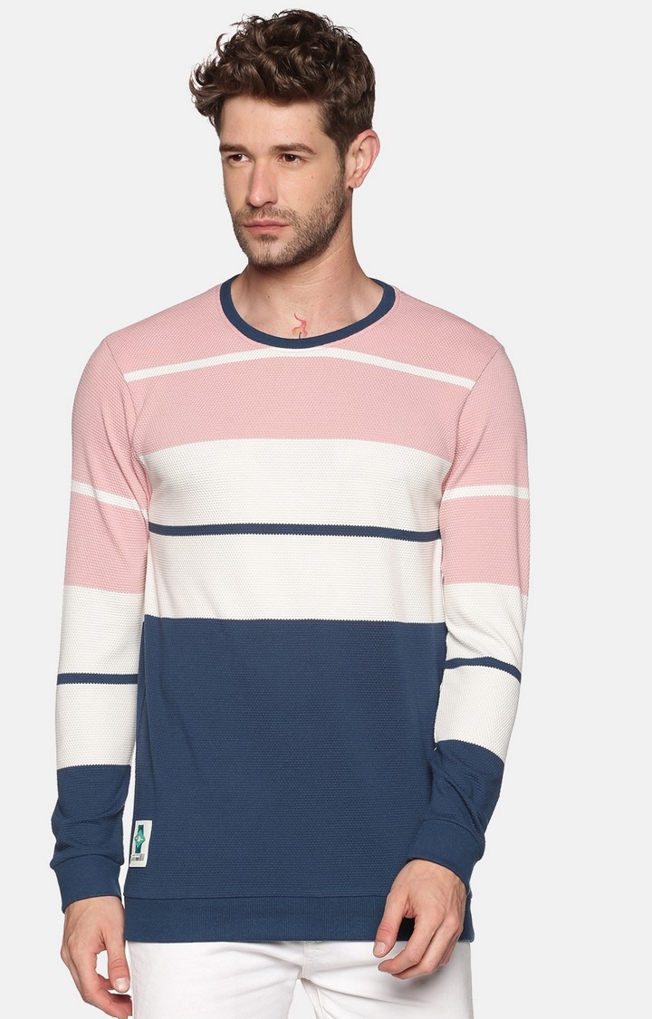 Showoff Men's Cotton Casual Pink and White Striped Sweatshirt