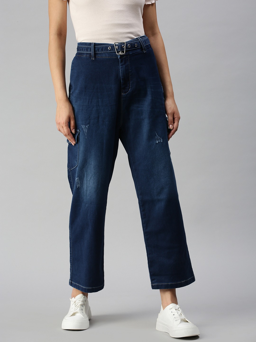 SHOWOFF Women's Low Distress Blue Relaxed Fit Denim Jeans