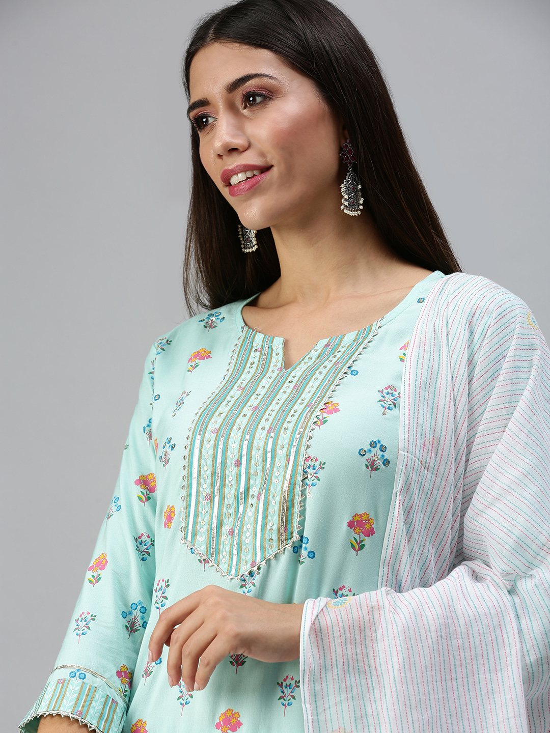 Showoff Women's Straight Calf Length Kurta and Trousers With Dupatta