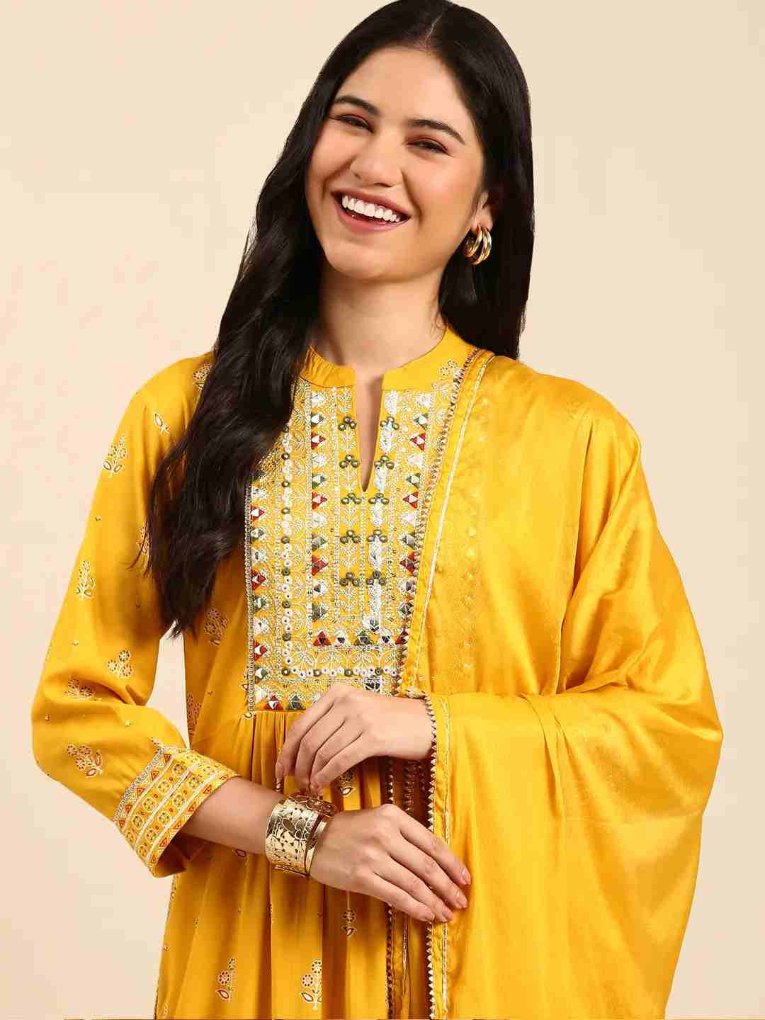 SHOWOFF Women's Mandarin Collar Yellow Anarkali Kurta Sets