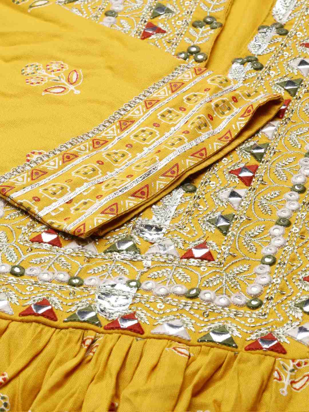 SHOWOFF Women's Mandarin Collar Yellow Anarkali Kurta Sets
