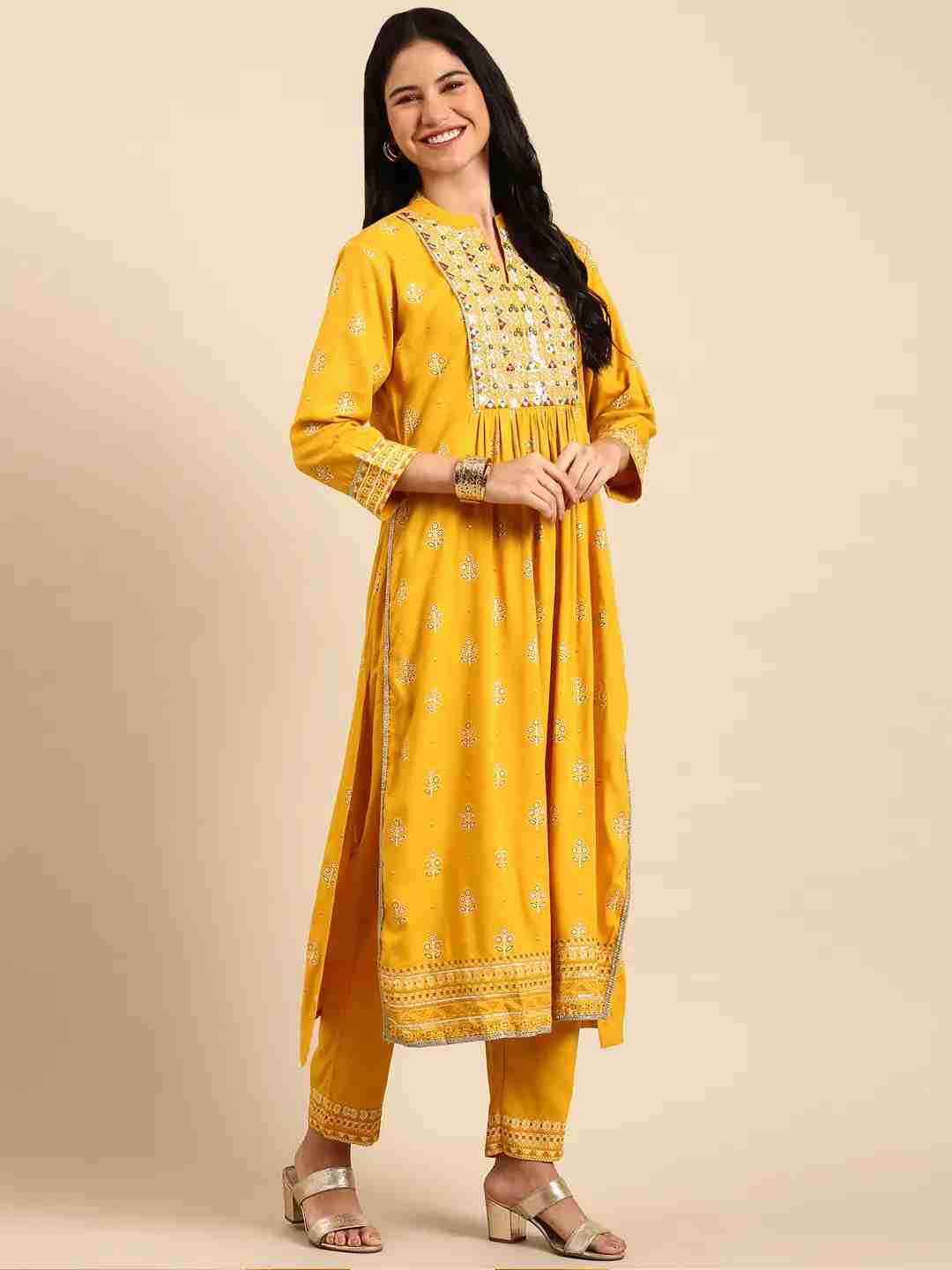 SHOWOFF Women's Mandarin Collar Yellow Anarkali Kurta Sets
