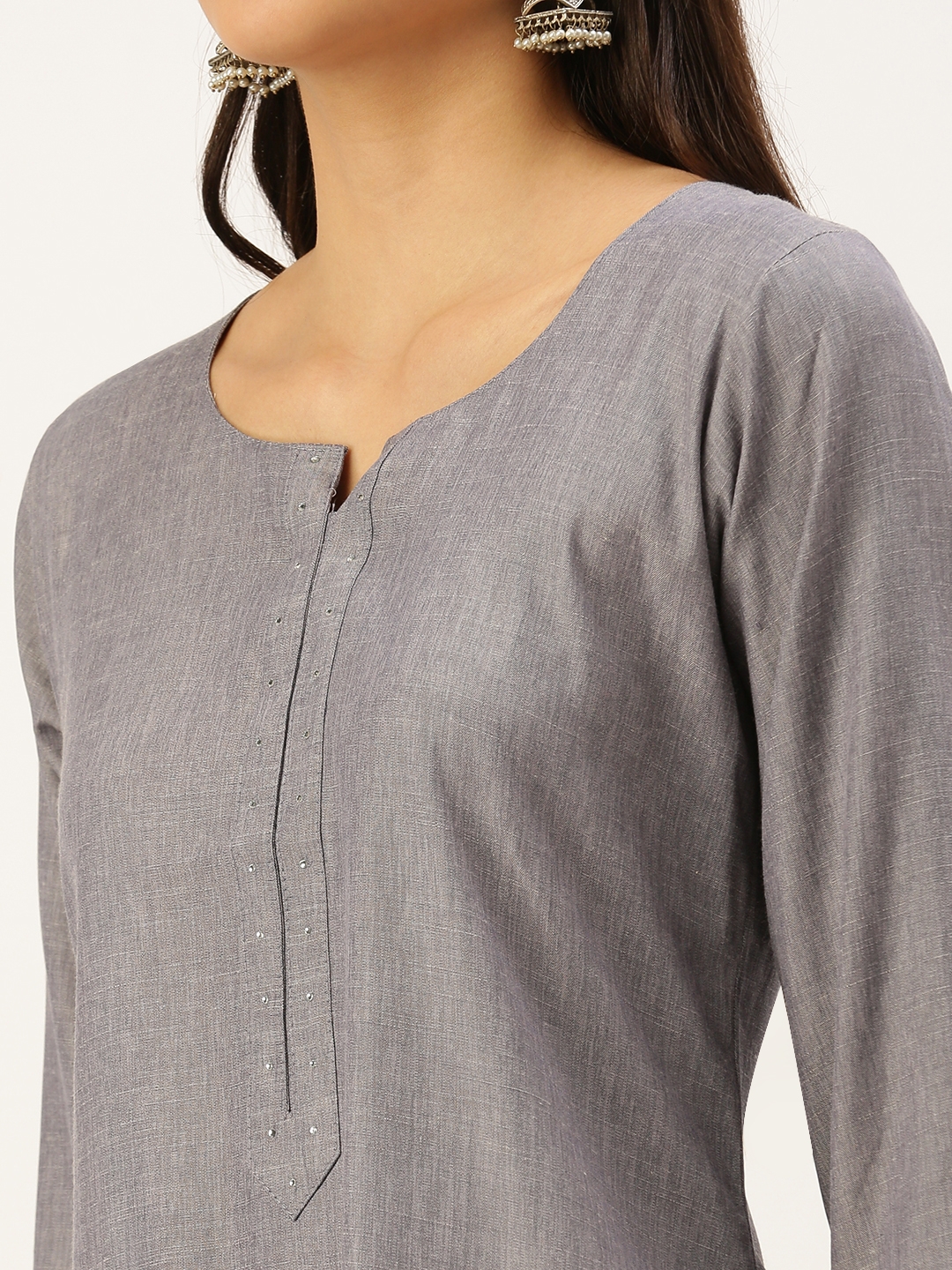 Women's Grey Cotton Embellished Comfort Fit Kurtas