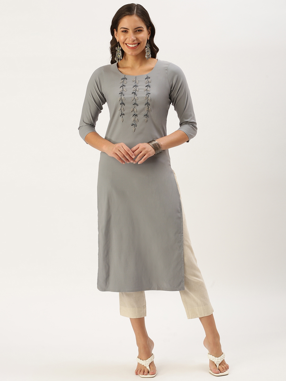 Women's Grey Cotton Solid Comfort Fit Kurtas