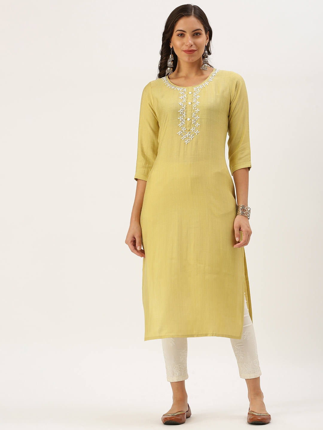 Women's Yellow Cotton Embellished Comfort Fit Kurtas