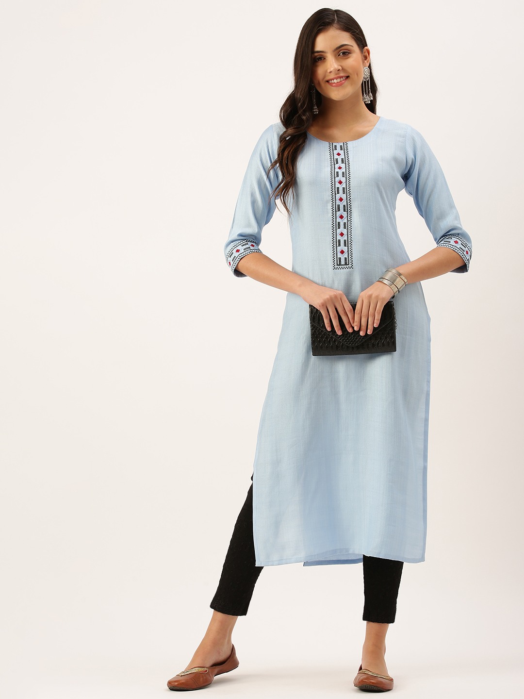SHOWOFF Women Blue Solid Round Neck Three-Quarter Sleeves Mid Length Straight Kurta