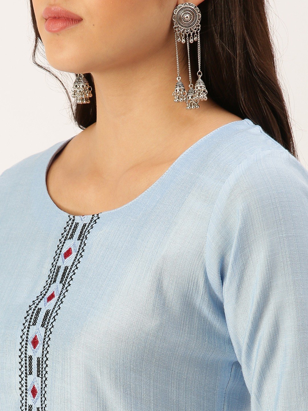 SHOWOFF Women Blue Solid Round Neck Three-Quarter Sleeves Mid Length Straight Kurta